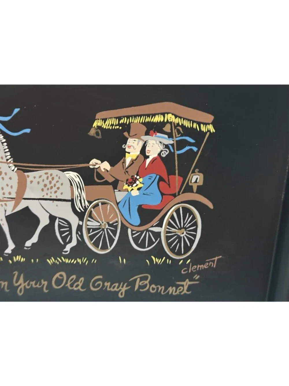 Vintage Hand Painted Artist Signed Tole Tray With Gray Horse Drawn Carriage